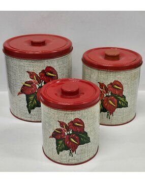 Decoware Nested Canisters Anthurium Floral Motif, Vintage Metal Storage Cans